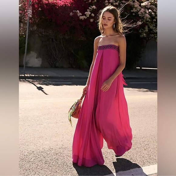 Free People Solid Serendipity Strapless Embroidered Wide Leg Jumpsuit